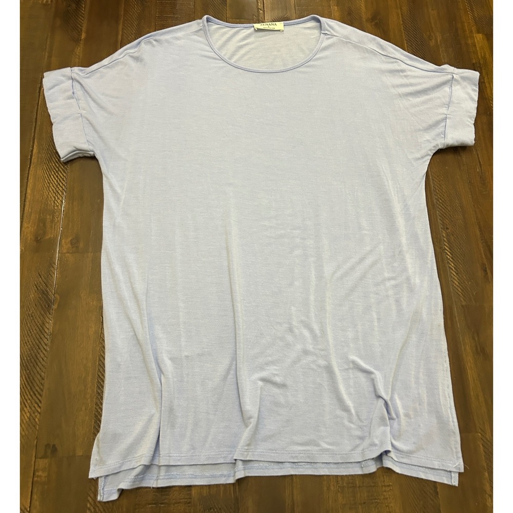 Zenana Tunic Top L Light Blue Excellent Cuffed Sleeve Oversized Round Neck